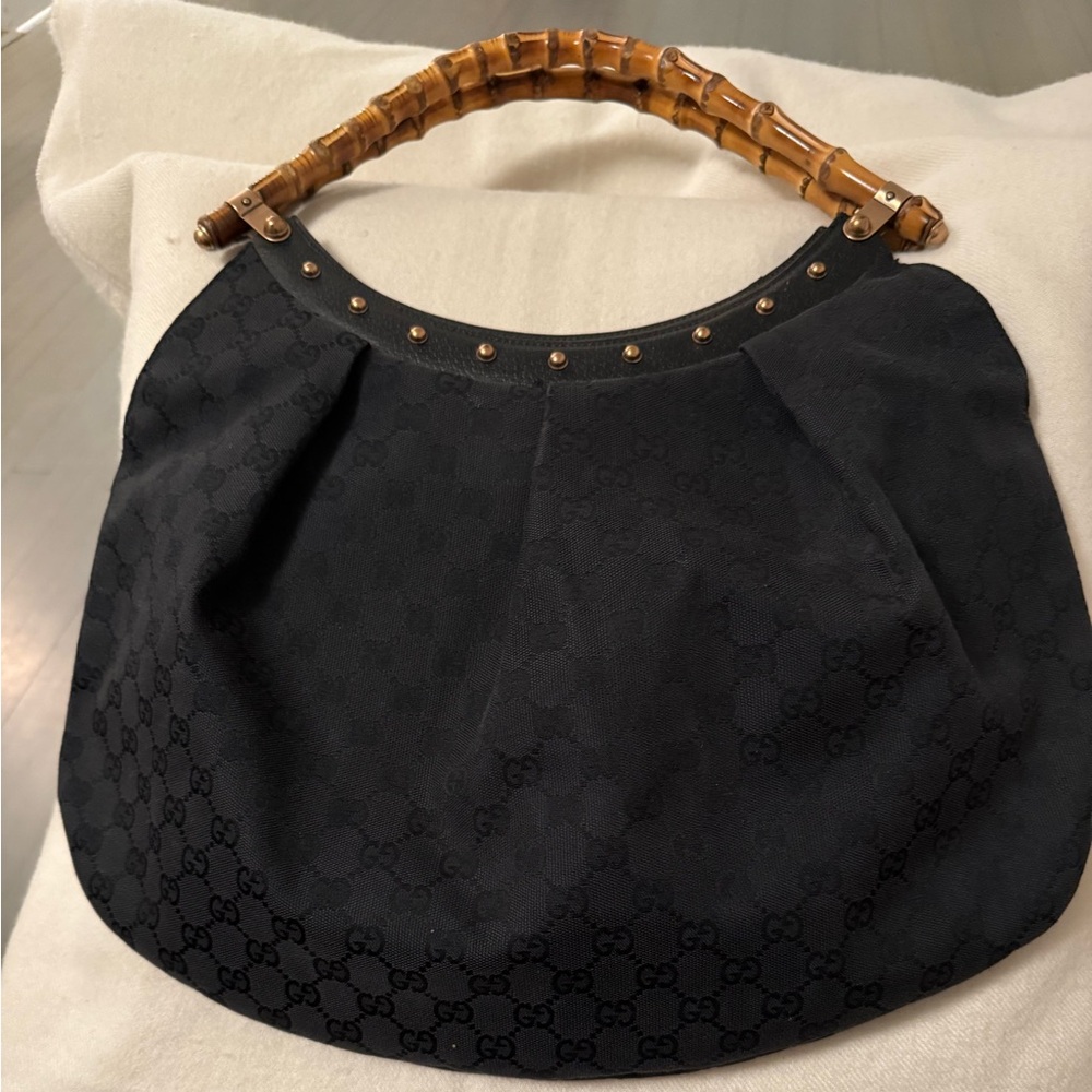 GUCCI Bamboo Black GG Monogram XL Hobo Copper Studs Shoulder Bag